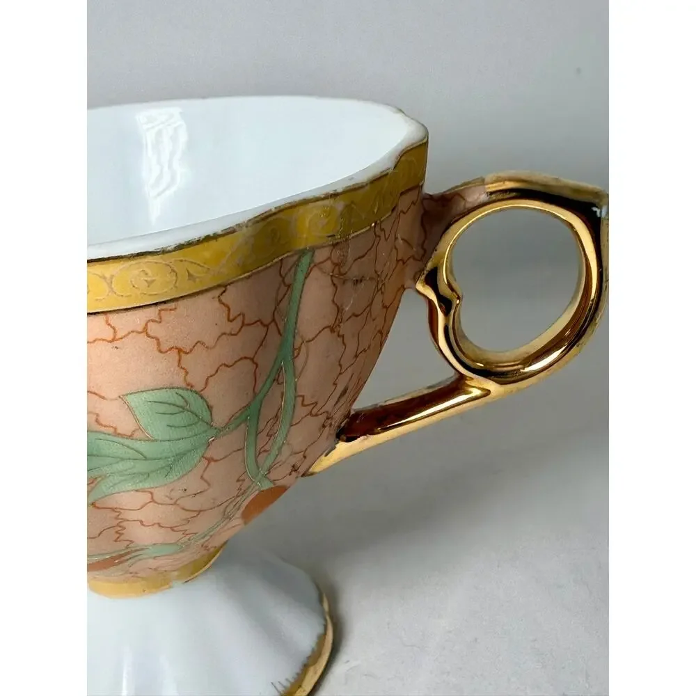 Vintage Yamasen Japan 24K Gold Plated Peach Floral Porcelain Tea Cup & Saucer